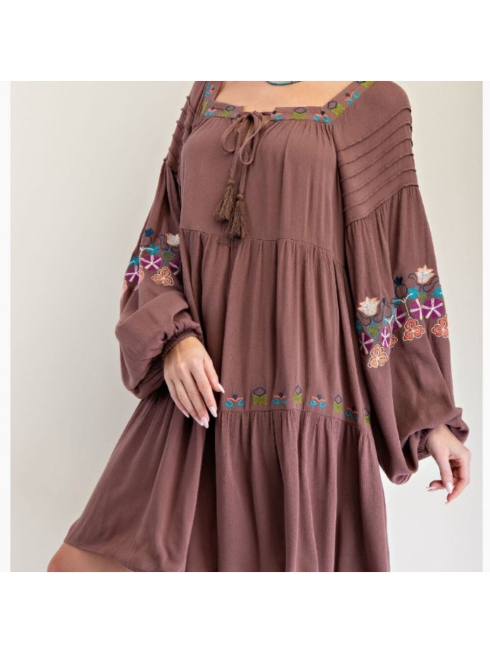Easel L Boho Embroidered Peasant Dress - Brown with hint of Plum